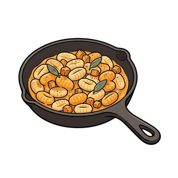 Pumpkin gnocchi with sage in a cast iron skillet vector illustration
