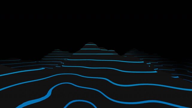 Topological Map: A 3D digital motion graphics animation featuring glowing blue contour lines forming a tech terrain map against a dark background.