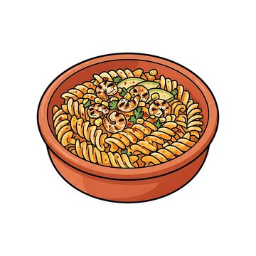 Vector illustration of a bowl of shrimp fusilli pasta with herbs and vegetables