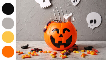Naklejka premium Halloween celebration and trick or treat tradition, plastic pumpkin bucket filled with candy and spooky decorations on a textured gray background