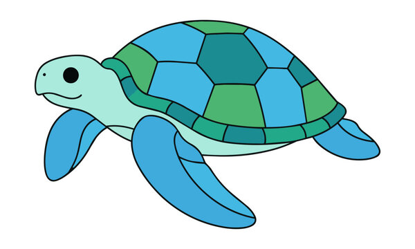 Whimsical sea turtle line drawing with geometric shell patterns and rounded flippers isolated on a white background, marine wildlife concept