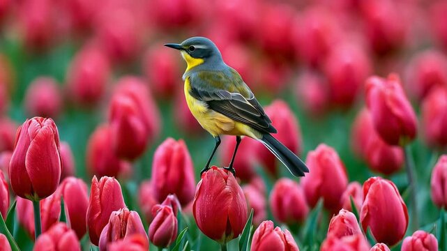 Yellow Wagtail Perched on Red Tulip Field