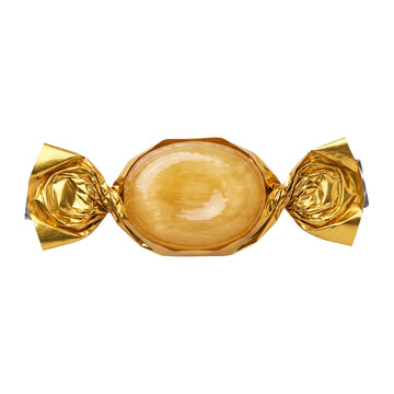 Single hard candy in shiny gold foil wrapper 