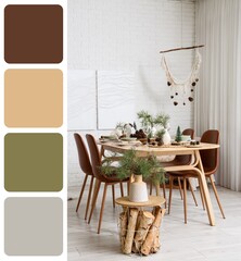 Obraz premium Holiday home interior, festive dining room table setting with winter decor and natural elements for seasonal celebration and family gathering
