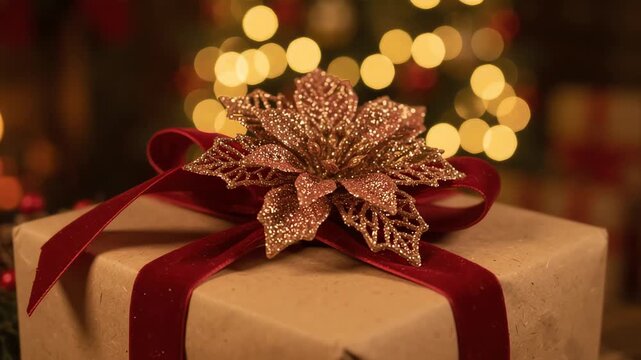 Christmas gift box with red velvet ribbon and glitter flower ornament