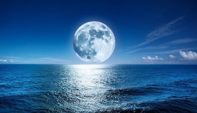 Full Moon And Sea With Blue Sky For Background