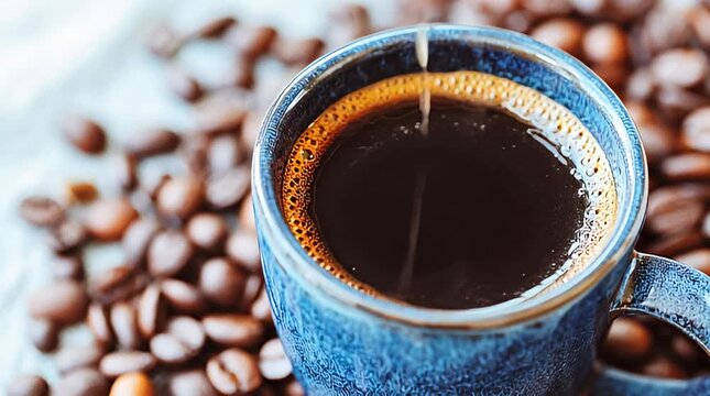 Close-up of a steaming cup of dark roast coffee surrounded by roasted beans creating a cozy and inviting morning ritual for work or relaxation