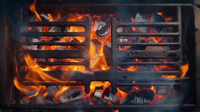 Top view of hot burning charcoal embers under a heavy cast iron grill grate with flickering flames.