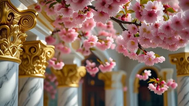 Luxurious Golden Marble Columns Decorated With Pink Cherry Blossoms in a Bright Classical Architectural Setting