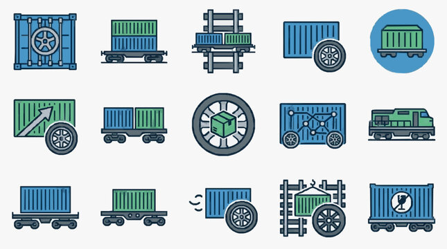 Sleek Collection of Modern Flat Icons Showcasing Various Blue and Green Train Cargo Containers Flatbeds and Railway Vehicles