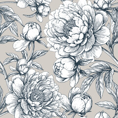 Naklejka premium Seamless pattern with blooming peonies isolated on a changeable background. Vintage engraving or ink drawing style vector illustration.