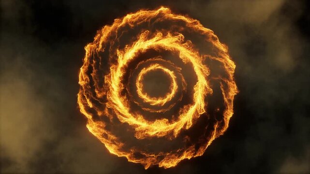 Dynamic burning rings of fire spiraling in a circular motion with realistic smoke and glowing particles for cinematic video overlays.