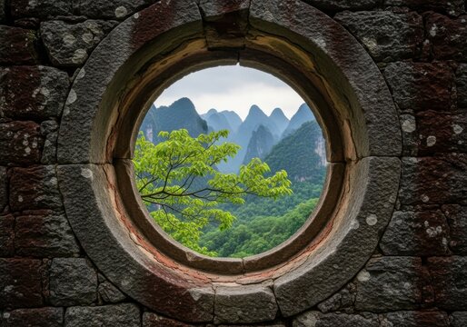 Scenic view of karst mountains framed through a circular stone window