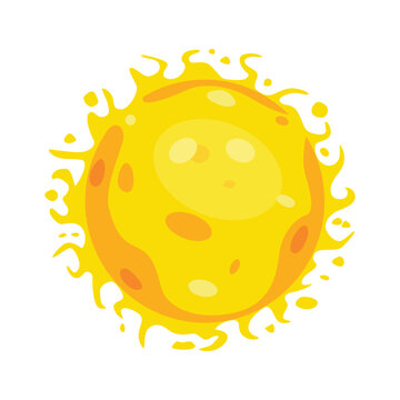 Bright yellow sun illustration with solar flare, hot summer sun icon, shining sun flare, space astronomy element isolated on white background.