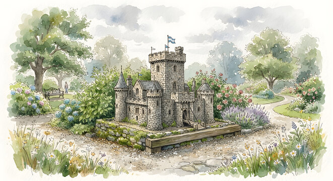 A miniature stone castle in a lush garden