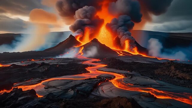 Cinematic panoramic view of a massive volcanic eruption with glowing lava flows, orange smoke, and dark basalt rock at sunset.