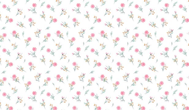 Ditsy floral pattern featuring tiny pink flowers on a clean white background