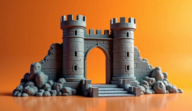 Medieval Stone Castle Gate Ruins with Towers