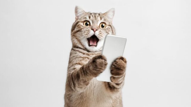 Shocked Tabby Cat Reacting to Smartphone on White Background