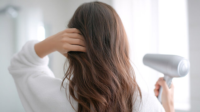ヘアドライヤーで髪の毛を乾かす女性の後ろ姿