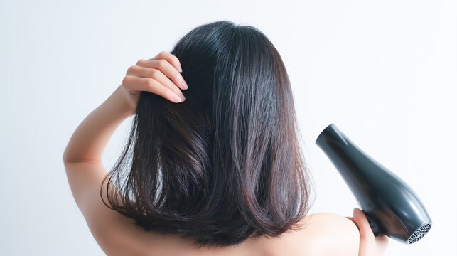 ヘアドライヤーで髪の毛を乾かす女性の後ろ姿