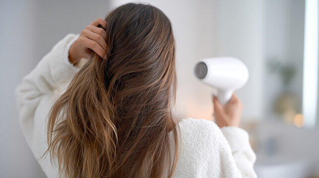 ヘアドライヤーで髪の毛を乾かす女性の後ろ姿