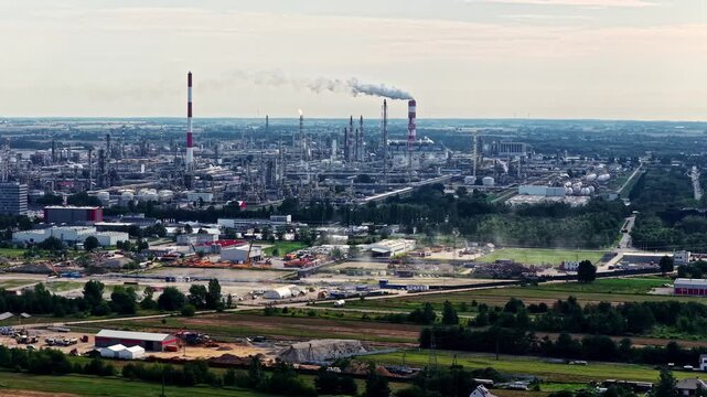 Aerial view of the Orlen Plock Production Plant with industrial chimneys emitting smoke and sprawling refinery infrastructure, Plock, Wojewodztwo mazowieckie, Poland.