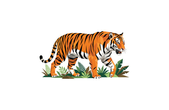 Low Poly Tiger Walking in Jungle Foliage Illustration