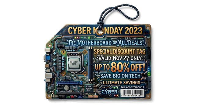 A Cyber Monday discount tag with a motherboard design offering up to 80% off tech products on a white background
