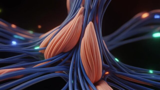 Soft Robotics Animation, Futuristic Smart Polymer Muscle Fibers Flexing with Glowing Sensor Fibers, Microscopic Bio-Inspired Robotics CGI