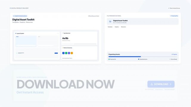 Clean minimalist UI dashboard design showing digital product download interface with interactive button elements for web technology platform user experience
