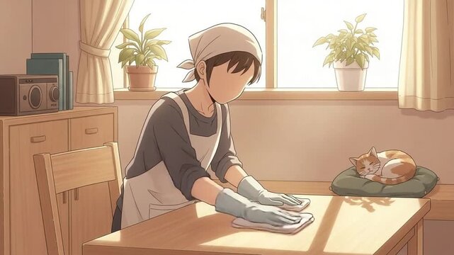 Young Woman Cleaning Wooden Table in Sunny Apartment with Cat Sleeping on Cushion in Cozy Anime Art Style