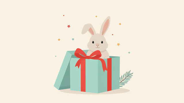 Minimalist vector illustration of a cute white bunny inside a gift box with red ribbon for Christmas celebration