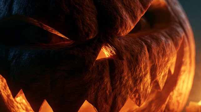 Close-up of a glowing carved Halloween pumpkin with a spooky and sinister facial expression.