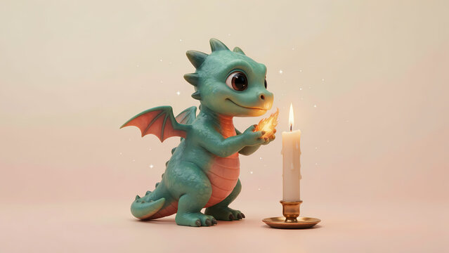 3D render of a cute baby green dragon holding a warm little flame next to a burning candle in fantasy light