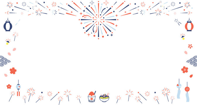 Japanese summer festival frame with fireworks and lanterns, traditional matsuri border vector, celebratory red and blue cultural background