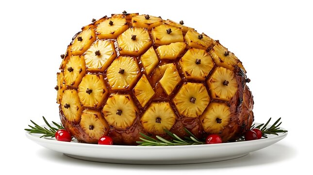 A delicious glazed ham with pineapple rings and cherries on a white plate