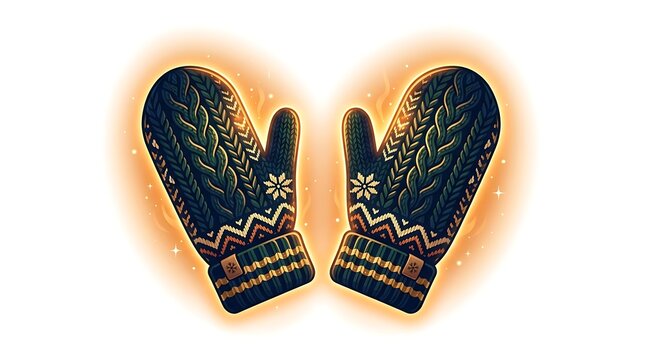 A pair of warm, knitted mittens with a snowflake design, glowing with a soft, golden light on a white background.