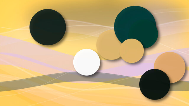 A scattered arrangement of dark, teal, and warm-toned spheres floats across a golden wave gradient, ideal for energetic promotions and web hero sections.
