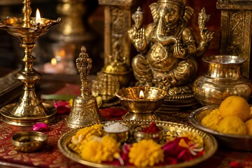 Obraz premium A beautifully arranged Hindu altar with a golden Ganesha idol, traditional oil lamps, and various offerings for a religious ceremony.