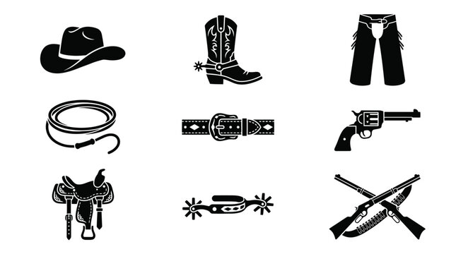 Cowboy and western lifestyle silhouette icons collection.
