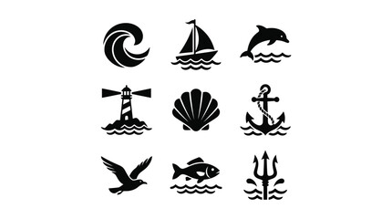 Fototapeta premium Nautical theme and maritime industry black silhouette icons.