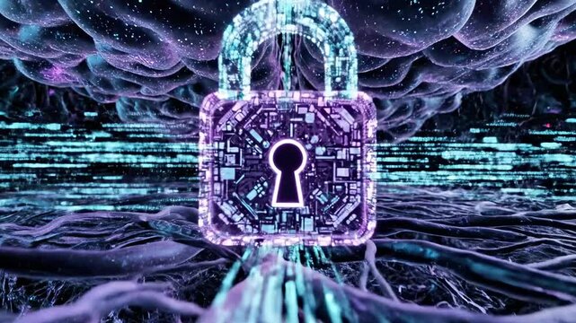 Abstract digital brain structure featuring secure padlock icon.