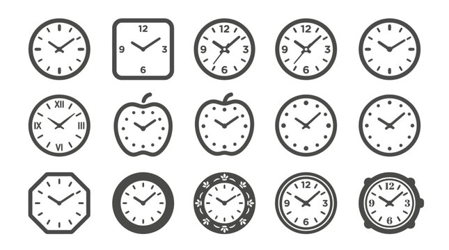 Minimalist clock and watch face icons in various geometric and fruit shapes