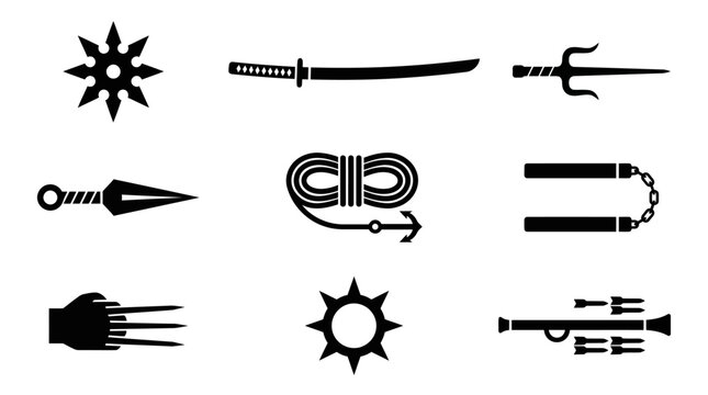 Ninja and samurai weapon silhouette icons set.
