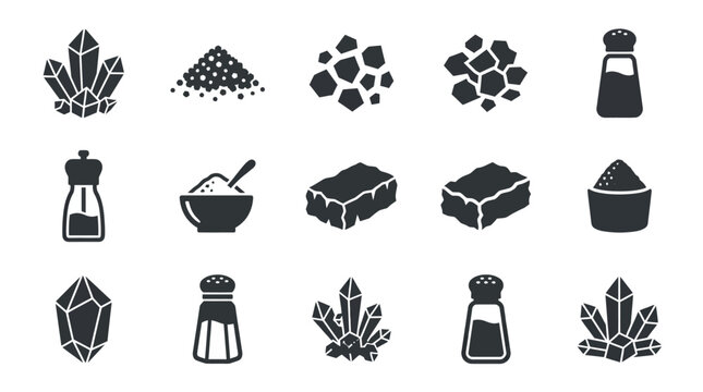 Salt crystal and seasoning icons with shakers and dispensers.
