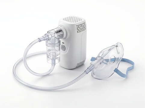 Portable medical compressor nebulizer machine with face mask and tubing isolated on a white background.