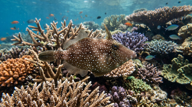 Brown filefish swimming gracefully over a vibrant coral reef in the ocean, showcasing underwater marine life