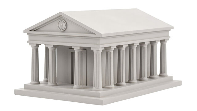 Miniature white model of a classical greek temple with fluted columns and a triangular pediment isolated on a transparent background