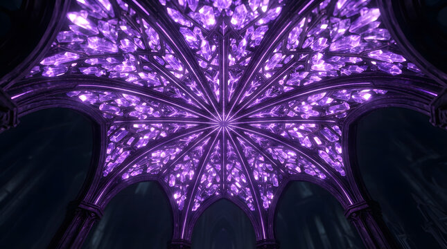 Ornate vaulted gothic cathedral ceiling decorated with intricate purple crystal patterns and glowing lights purple vault architectural structure amethyst cry